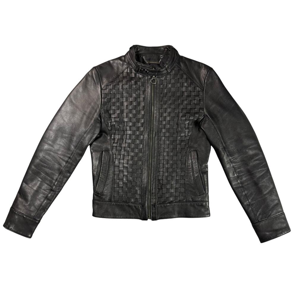 Vintage Y2K Ecko Red Womens S Leather Moto Jacket Black Woven Biker Zip